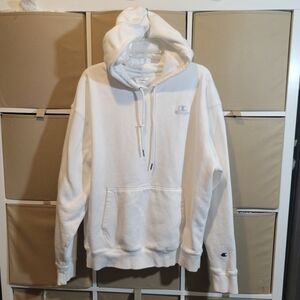Vintage Champion Embroidered White Logo on White Hoodie Men's L